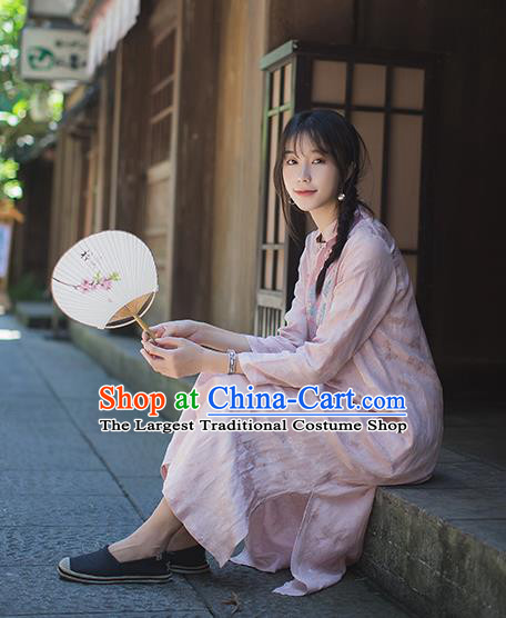 China Classical Cheongsam Costume Traditional Tang Suit Young Woman Embroidered Pink Flax Qipao Dress