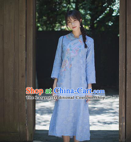 China Classical Blue Flax Cheongsam Costume Traditional Tang Suit Young Woman Embroidered Qipao Dress