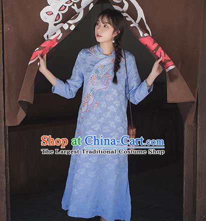 China Classical Blue Flax Cheongsam Costume Traditional Tang Suit Young Woman Embroidered Qipao Dress