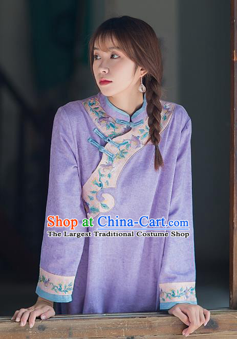 China Classical Embroidered Violet Flax Cheongsam Traditional Young Lady Qipao Dress Tang Suit Zen Costume