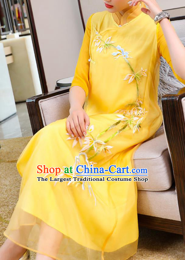 China Traditional Tang Suit Qipao Dress Classical Young Woman Embroidered Bamboo Yellow Organdy Cheongsam Costume
