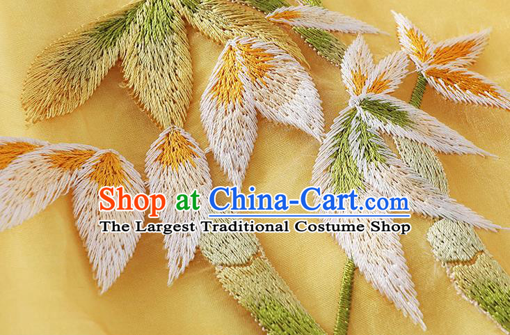 China Traditional Tang Suit Qipao Dress Classical Young Woman Embroidered Bamboo Yellow Organdy Cheongsam Costume
