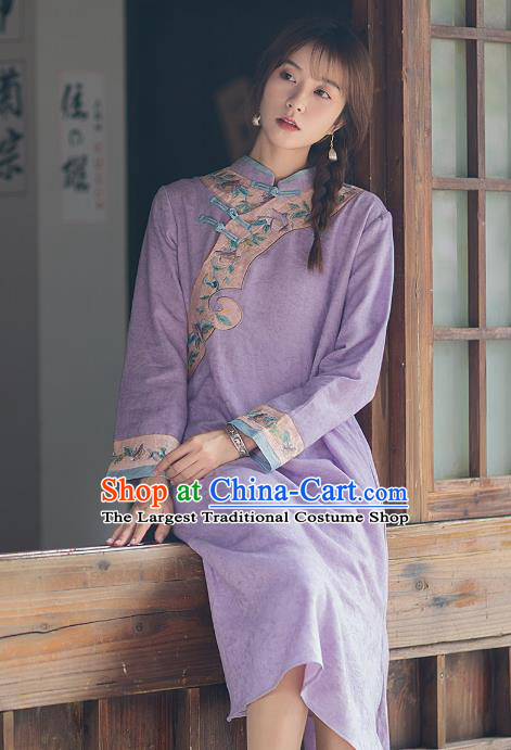 China Classical Embroidered Violet Flax Cheongsam Traditional Young Lady Qipao Dress Tang Suit Zen Costume
