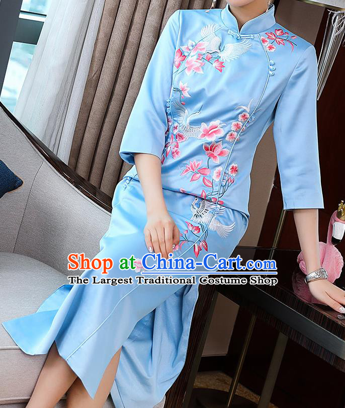 China Tang Suit Qipao Dress Traditional Young Woman Costume Classical Embroidered Blue Satin Cheongsam