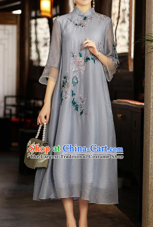 China Traditional Young Woman Costume Tang Suit Grey Tencel Qipao Dress Classical Embroidered Chrysanthemum Cheongsam