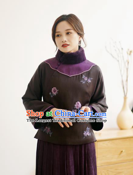 China Winter Women Embroidered Cotton Wadded Coat National Silk Slant Opening Jacket