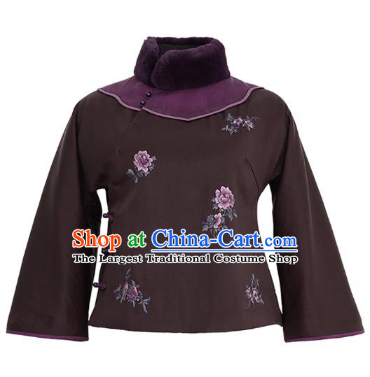 China Winter Women Embroidered Cotton Wadded Coat National Silk Slant Opening Jacket