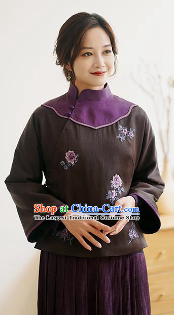 China Winter Women Embroidered Cotton Wadded Coat National Silk Slant Opening Jacket