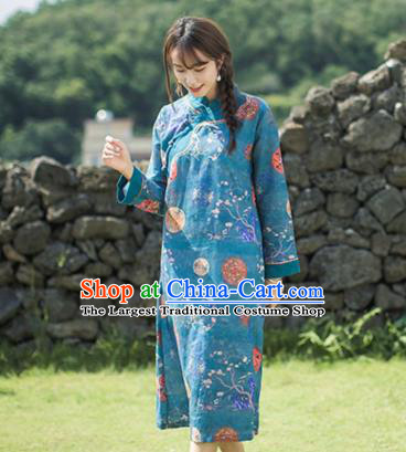 China Classical Printing Blue Flax Cheongsam Traditional Tang Suit Young Lady Qipao Dress