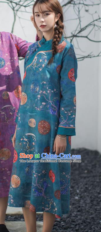 China Classical Printing Blue Flax Cheongsam Traditional Tang Suit Young Lady Qipao Dress
