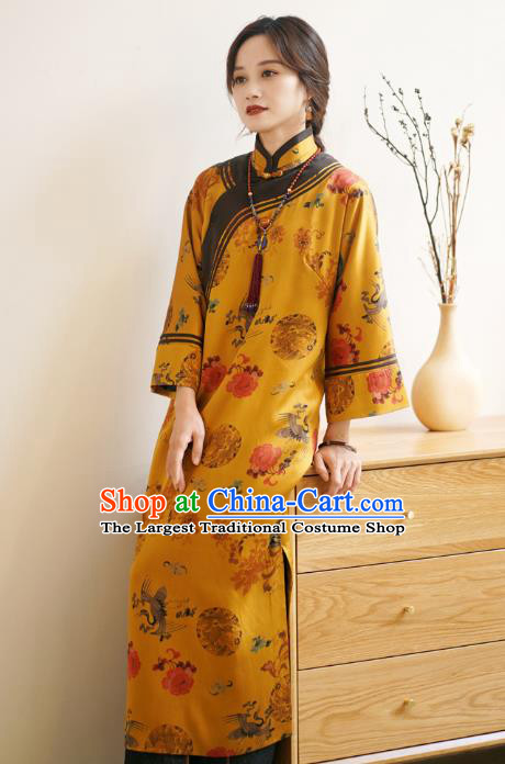 Top Yellow Gambiered Guangdong Gauze Cheongsam China Classical Crane Peony Pattern Design Silk Qipao Dress