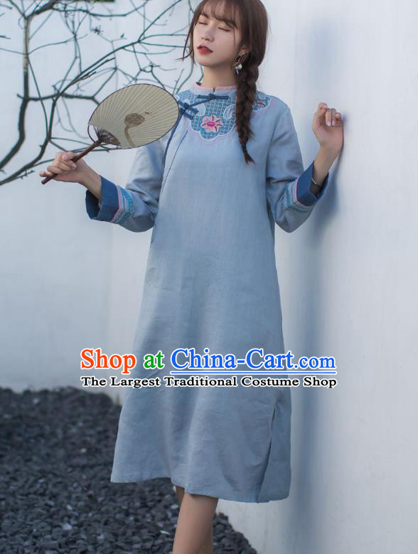 China Traditional Young Lady Light Blue Flax Qipao Dress Classical Embroidered Cheongsam
