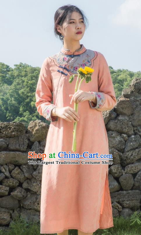 China Classical Embroidered Cheongsam Traditional Young Lady Orange Qipao Dress