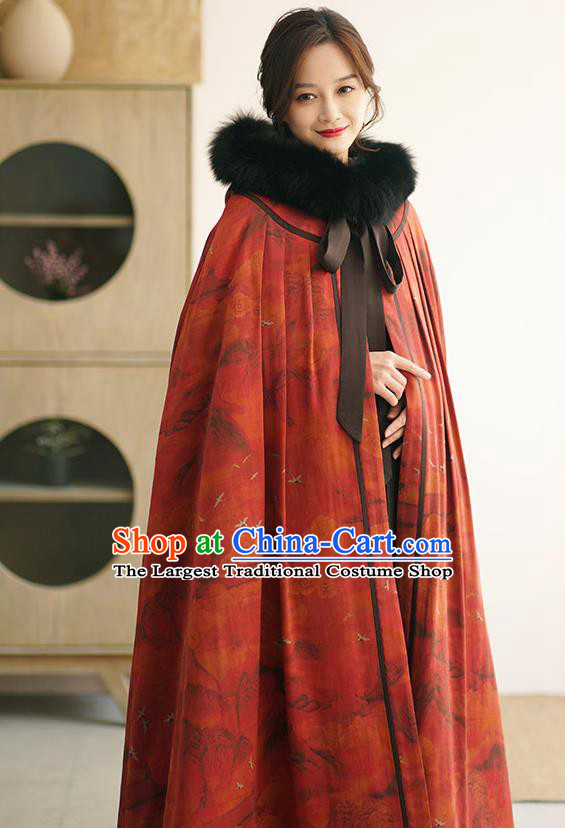 China National Red Gambiered Guangdong Gauze Cape Winter Women Clothing Li Ziqi Silk Cloak