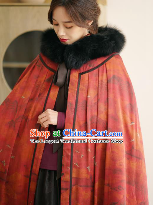 China National Red Gambiered Guangdong Gauze Cape Winter Women Clothing Li Ziqi Silk Cloak