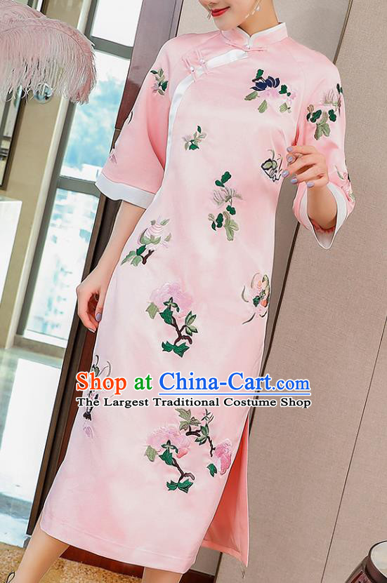 China Classical Embroidered Pink Silk Cheongsam Traditional Tang Suit Qipao Dress