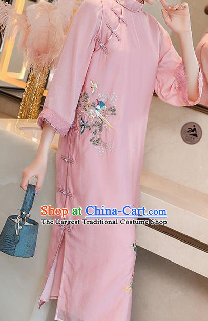 China Traditional Tang Suit Round Collar Qipao Dress Classical Embroidered Pink Tencel Cheongsam