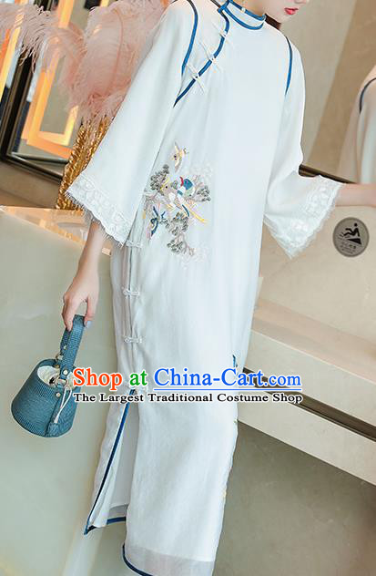 China Classical Embroidered White Tencel Cheongsam Traditional Tang Suit Round Collar Qipao Dress