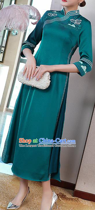 China Classical Embroidered Blue Satin Cheongsam Traditional Tang Suit Ao Dai Qipao Dress