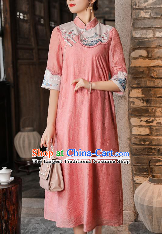 China Classical Embroidered Cheongsam Traditional Tang Suit Pink Tencel Qipao Dress