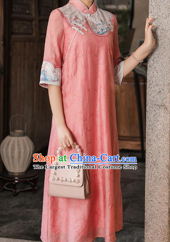 China Classical Embroidered Cheongsam Traditional Tang Suit Pink Tencel Qipao Dress