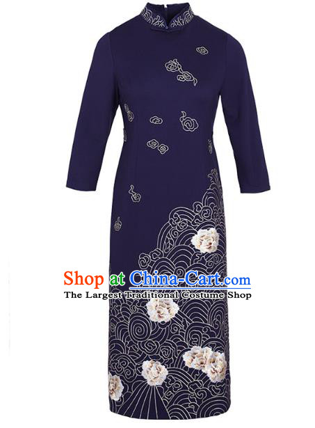 China Traditional Tang Suit Navy Satin Qipao Dress Modern Dance Ao Dai Cheongsam