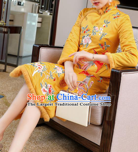 China Tang Suit Embroidered Phoenix Peony Cheongsam Traditional Classical Yellow Silk Qipao Dress