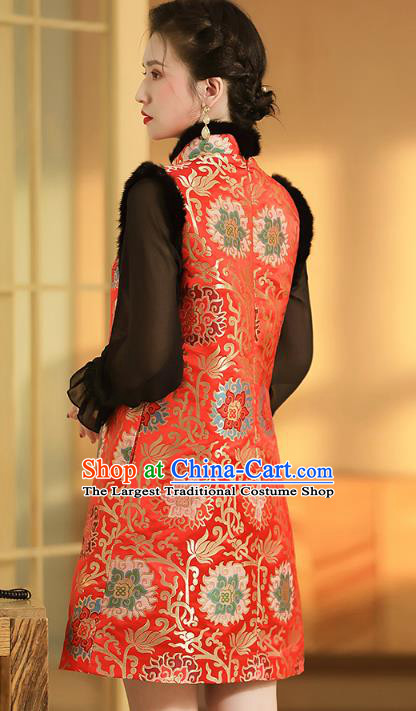 Chinese National Winter Cotton Wadded Waistcoat Traditional Tang Suit Red Brocade Vest