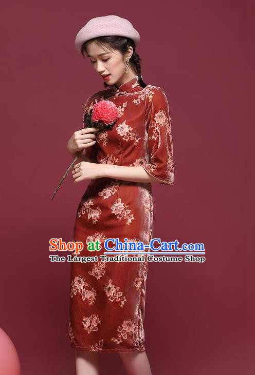 China Traditional Tang Suit Printing Red Pleuche Cheongsam Classical Dance Stage Performance Qipao Dress