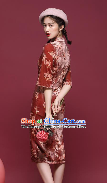 China Traditional Tang Suit Printing Red Pleuche Cheongsam Classical Dance Stage Performance Qipao Dress