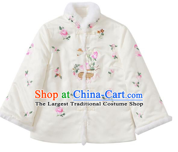 Chinese Winter Tang Suit Overcoat Traditional Embroidered White Cotton Wadded Jacket