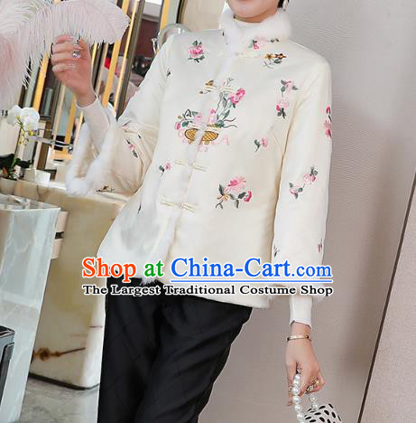 Chinese Winter Tang Suit Overcoat Traditional Embroidered White Cotton Wadded Jacket
