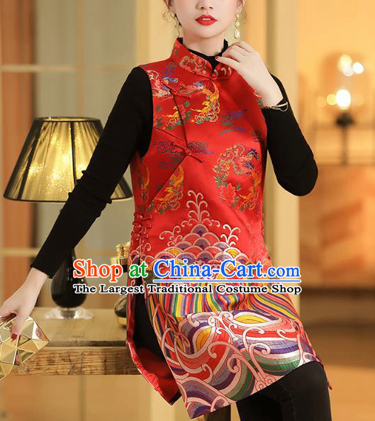 Chinese Traditional Tang Suit Vest Classical Phoenix Peony Pattern Red Brocade Waistcoat