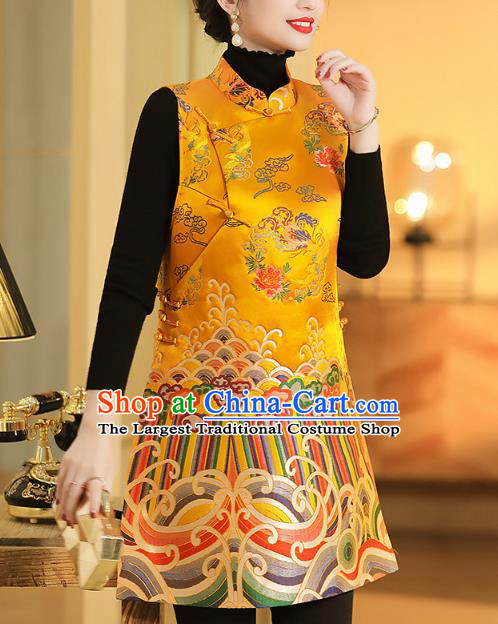Chinese Classical Phoenix Peony Pattern Yellow Brocade Waistcoat Traditional Tang Suit Vest