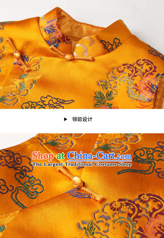 Chinese Classical Phoenix Peony Pattern Yellow Brocade Waistcoat Traditional Tang Suit Vest