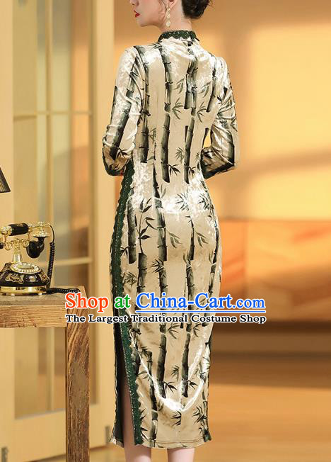 China Classical Qipao Dress Traditional Tang Suit Printing Bamboo Cheongsam Costume