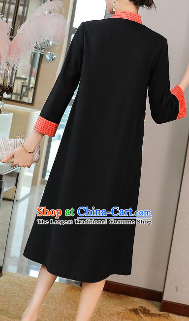China Traditional Tang Suit Embroidered Cheongsam Zen Costume Classical Black Woolen Qipao Dress