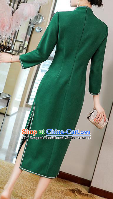 China Traditional Embroidered Green Wool Cheongsam Costume Classical Tang Suit Qipao Dress
