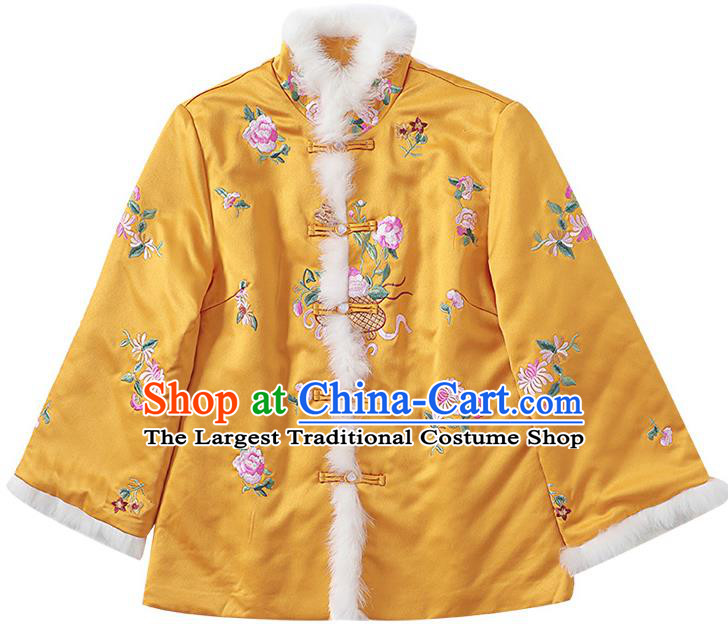 Chinese Traditional Embroidered Yellow Cotton Wadded Jacket Winter Tang Suit Overcoat Garment