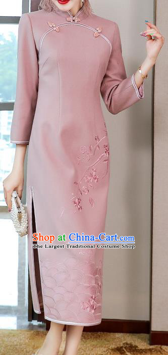China Classical Tang Suit Qipao Dress Traditional Embroidered Pink Wool Cheongsam Costume