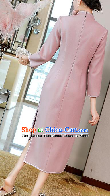 China Classical Tang Suit Qipao Dress Traditional Embroidered Pink Wool Cheongsam Costume