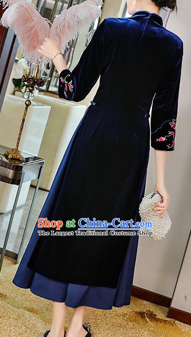 China Traditional Embroidered Plum Blossom Cheongsam Costume Tang Suit Deep Blue Velvet Qipao Dress