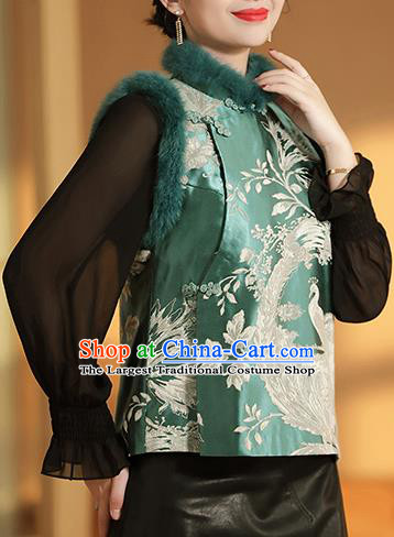Chinese Traditional Tang Suit Green Brocade Vest National Phoenix Pattern Cotton Wadded Waistcoat