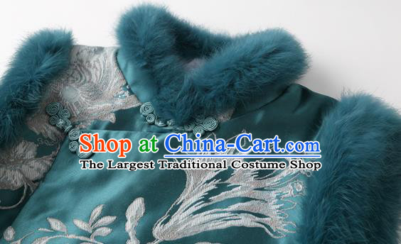 Chinese Traditional Tang Suit Green Brocade Vest National Phoenix Pattern Cotton Wadded Waistcoat