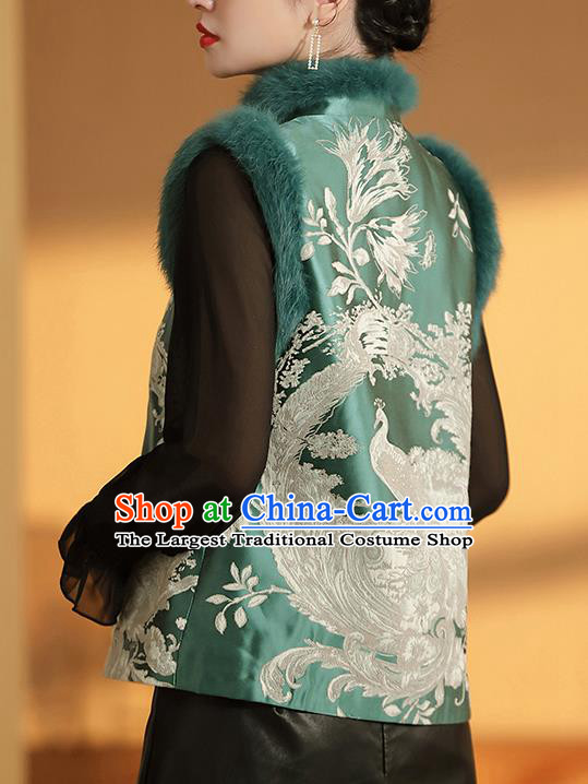 Chinese Traditional Tang Suit Green Brocade Vest National Phoenix Pattern Cotton Wadded Waistcoat