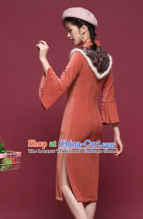 China Modern Dance Trumpet Sleeve Qipao Dress National Tang Suit Embroidered Rust Red Corduroy Cheongsam