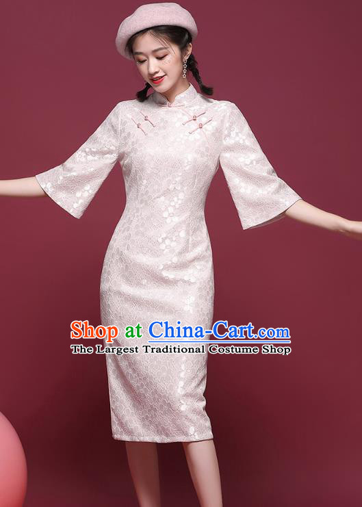 China National Tang Suit Light Pink Lace Cheongsam Modern Dance Trumpet Sleeve Qipao Dress