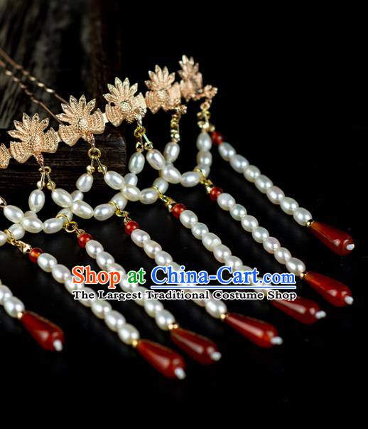 Chinese Traditional Hanfu Hairpin Hair Accessories Ancient Ming Dynasty Empress Pearls Tassel Phoenix Hair Crown