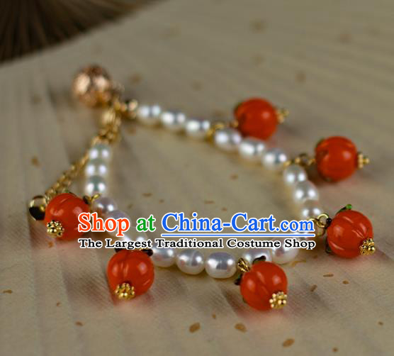 China Classical Red Persimmon Wristlet Accessories Traditional Ming Dynasty Princess Pearls Bracelet