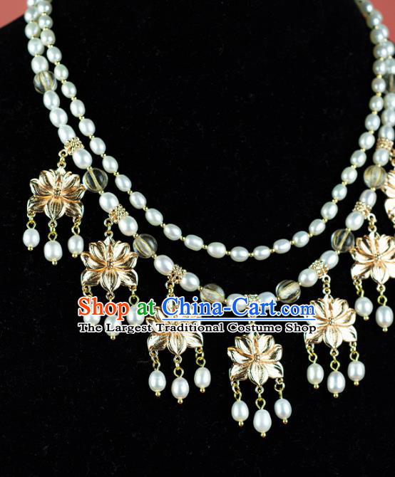 China Classical Golden Lotus Necklace Accessories Traditional Tang Dynasty Princess Pearls Necklet